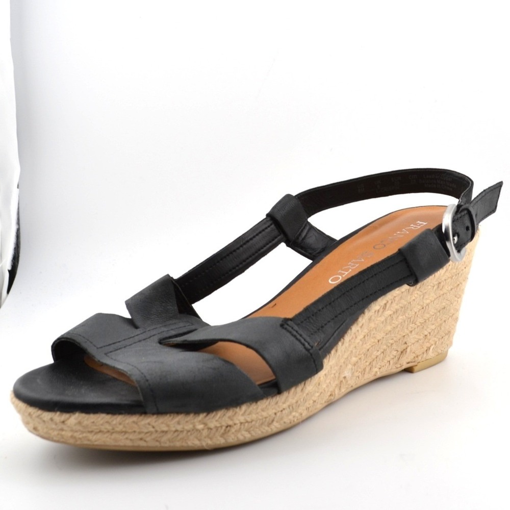 Franco Sarto Wedge‎ Sandals Women 8 Black Espadrille Leather Women Peep Toe